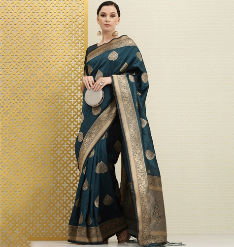 Teal & Gold-Toned Ethnic Motifs Zari Silk Blend Banarasi Saree